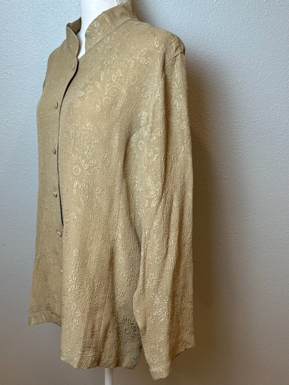 VTG Orvis 100% Silk Jacquard Mandarin Collar Tunic Blouse Beige Gold Plus 20 - Picture 2 of 9